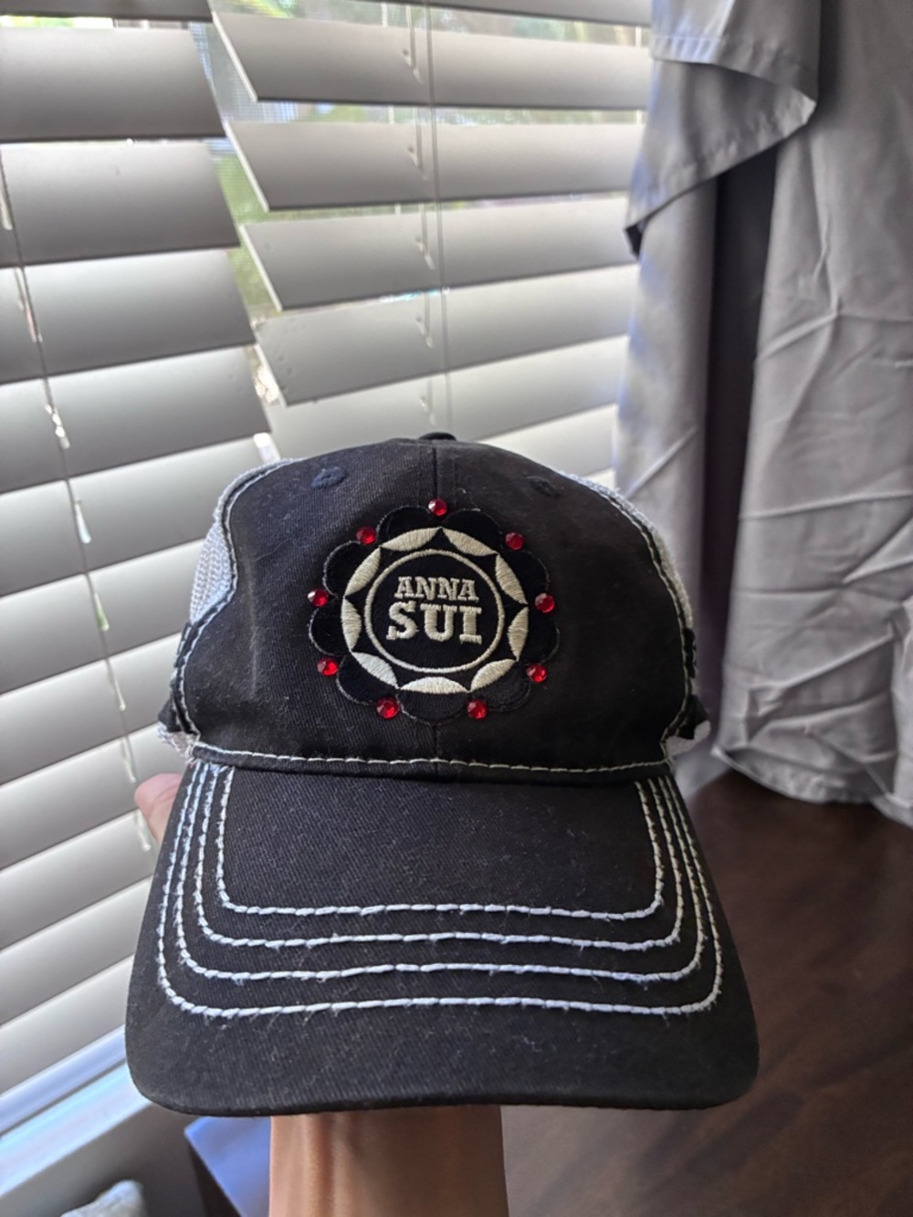 Anna Sui Black Cap with Red Crystal Accents
